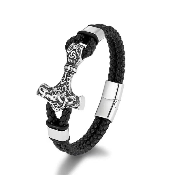 ULIKING JEWELRY BRACELET Viking Thor’s Hammer Engraved Sterling Steel Leather Bracelet Silver