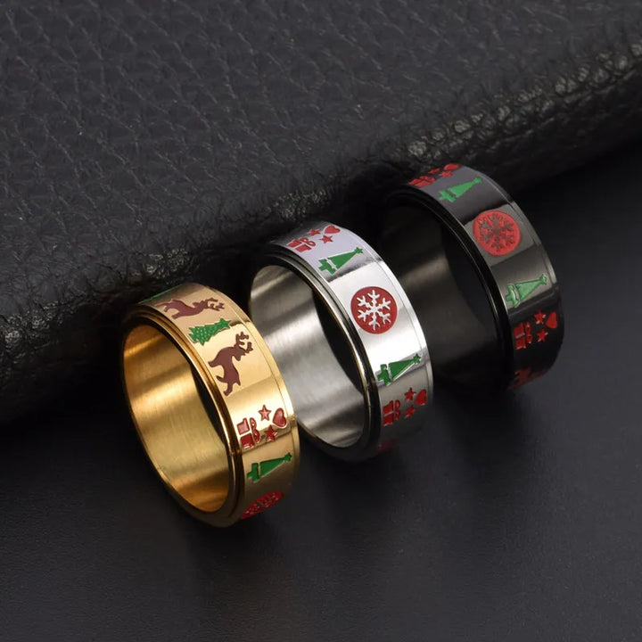 ULIKING JEWELRY RINGS Christmas Tree Elk Stainless Steel Spinner Ring 04