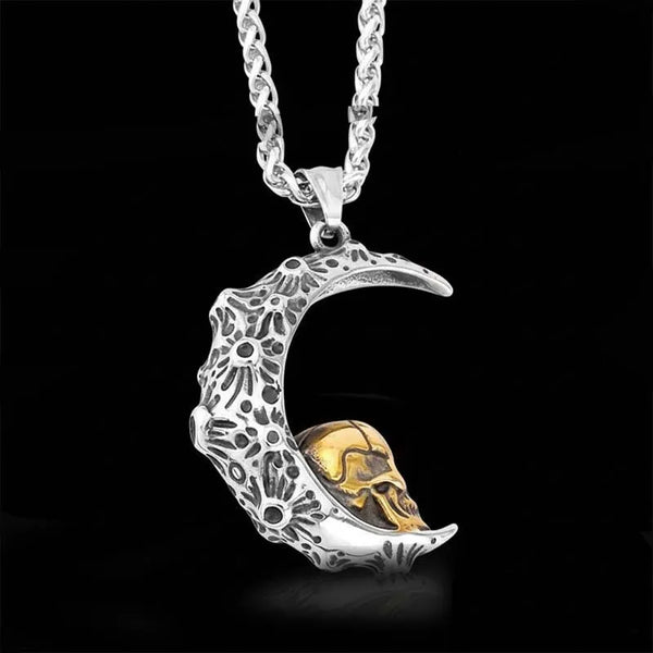 ULIKING JEWELRY PENDANTS Gothic Crescent with Gold Skull Pendant Necklace 01