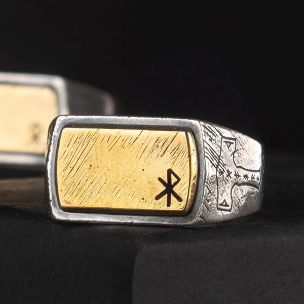 ULIKING JEWELRY Handmade 925 Sterling Silver Viking Rune with Thor Hammer Ring - Gothic Lolita Gold 03