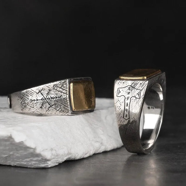 ULIKING JEWELRY Handmade 925 Sterling Silver Viking Rune with Thor Hammer Ring - Gothic Lolita Gold 05