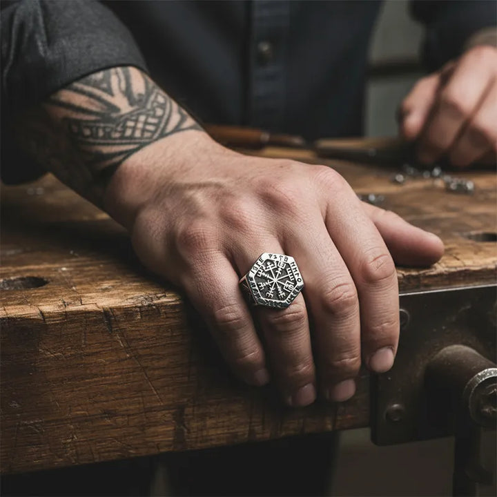 ULIKING JEWELRY RINGS Nordic Viking Compass Rune Hexagon Ring 06