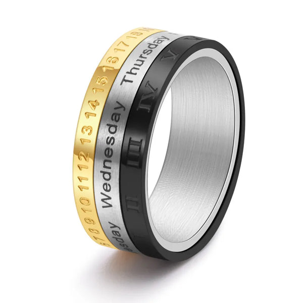 ULIKING JEWELRY RINGS   Three-Color Calendar with Roman Numerals Spinner Ring 01