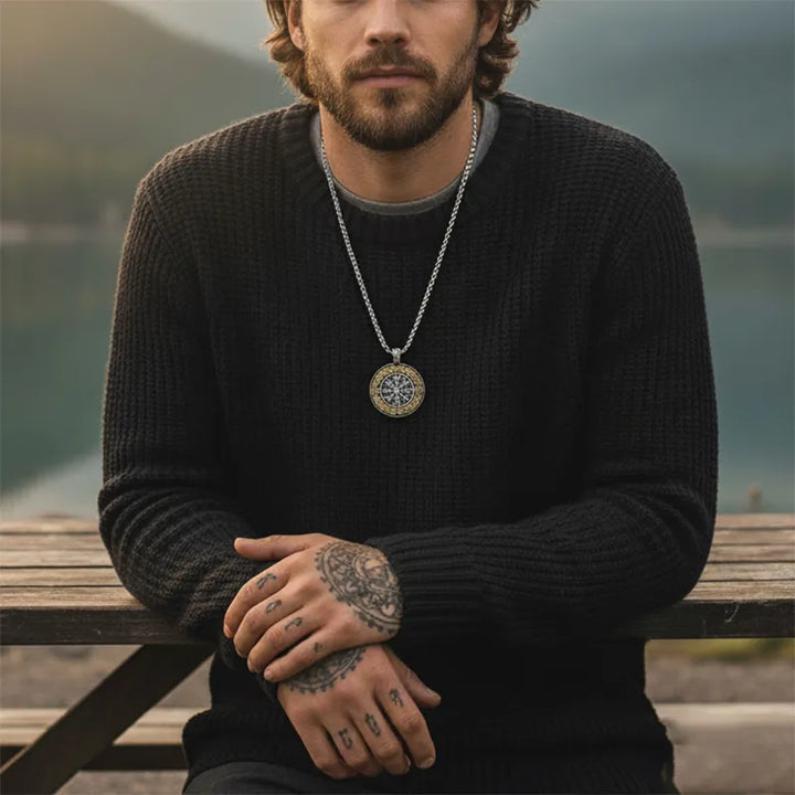 ULIKING JEWELRY PENDANTS Viking Compass Round Stainless Steel Pendant Necklace 02