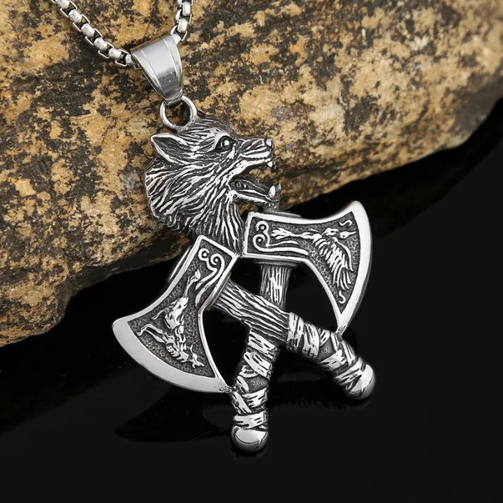 ULIKING JEWELRY PENDANTS Viking Double Hatchet Wolf Head Stainless Steel Pendant Necklace 01