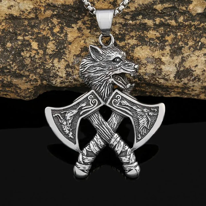 ULIKING JEWELRY PENDANTS Viking Double Hatchet Wolf Head Stainless Steel Pendant Necklace 02