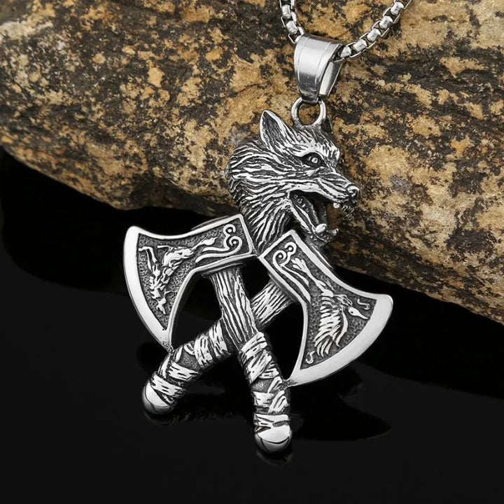 ULIKING JEWELRY PENDANTS Viking Double Hatchet Wolf Head Stainless Steel Pendant Necklace 03