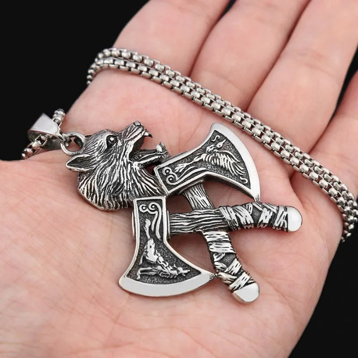 ULIKING JEWELRY PENDANTS Viking Double Hatchet Wolf Head Stainless Steel Pendant Necklace 04