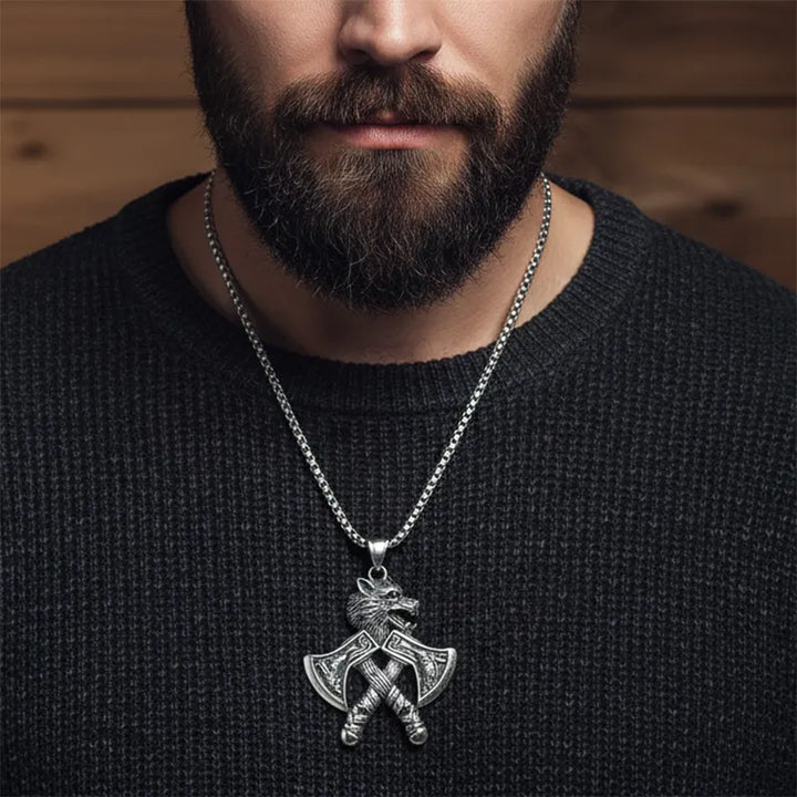 ULIKING JEWELRY PENDANTS Viking Double Hatchet Wolf Head Stainless Steel Pendant Necklace 02
