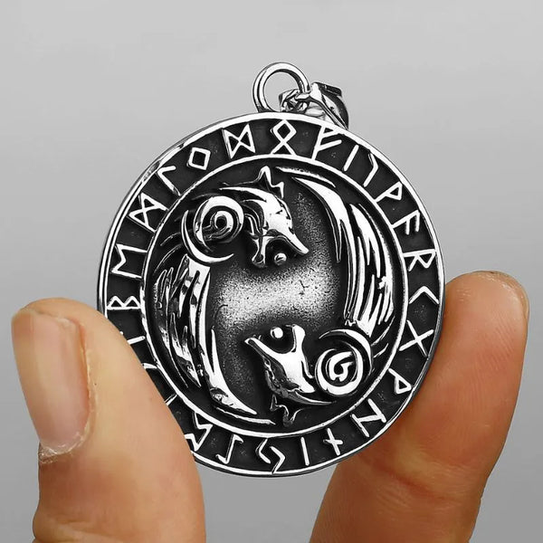 ULIKING JEWELRY PENDANTS Viking Double Wolf with Rune Stainless Steel Pendant 01