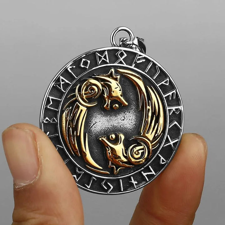 ULIKING JEWELRY PENDANTS Viking Double Wolf with Rune Stainless Steel Pendant 02