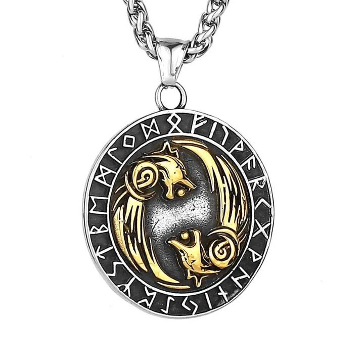 ULIKING JEWELRY PENDANTS Viking Double Wolf with Rune Stainless Steel Pendant 04