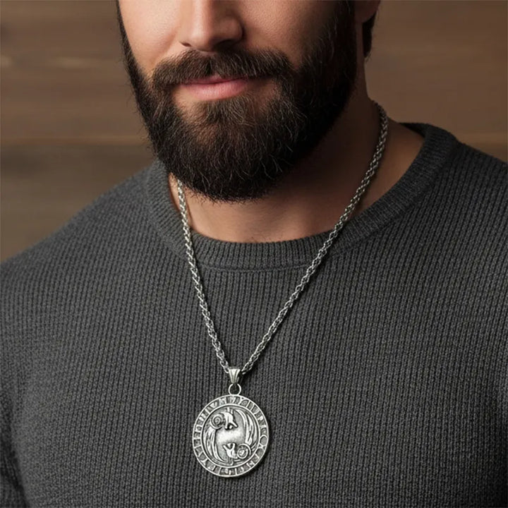 ULIKING JEWELRY PENDANTS Viking Double Wolf with Rune Stainless Steel Pendant 02