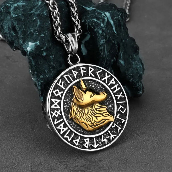 ULIKING JEWELRY PENDANTS Viking Gold Plated Wolf  Fenrir with Rune Pendant 01