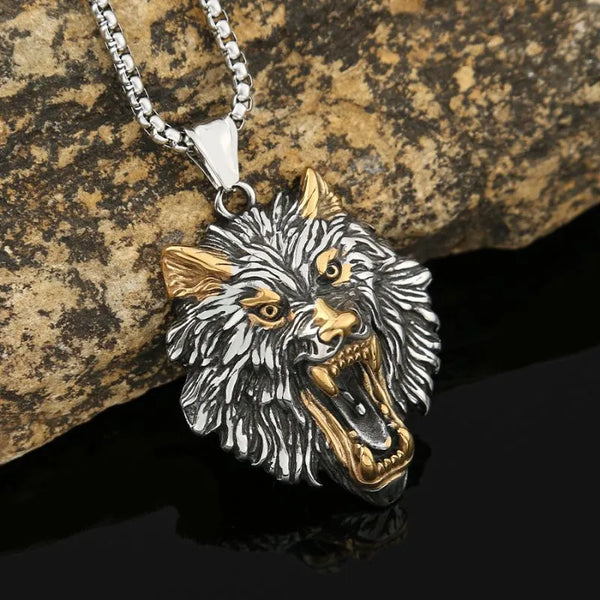 ULIKING JEWELRY PENDANTS Viking Wolf Head Stainless Steel Pendant Necklace 01