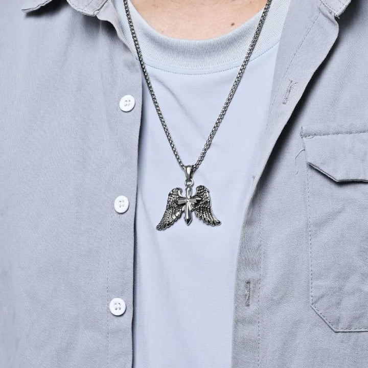 ULIKING JEWELRY PENDANTS  Vintage Archangel Winged Cross Stainless Steel Pendant 02