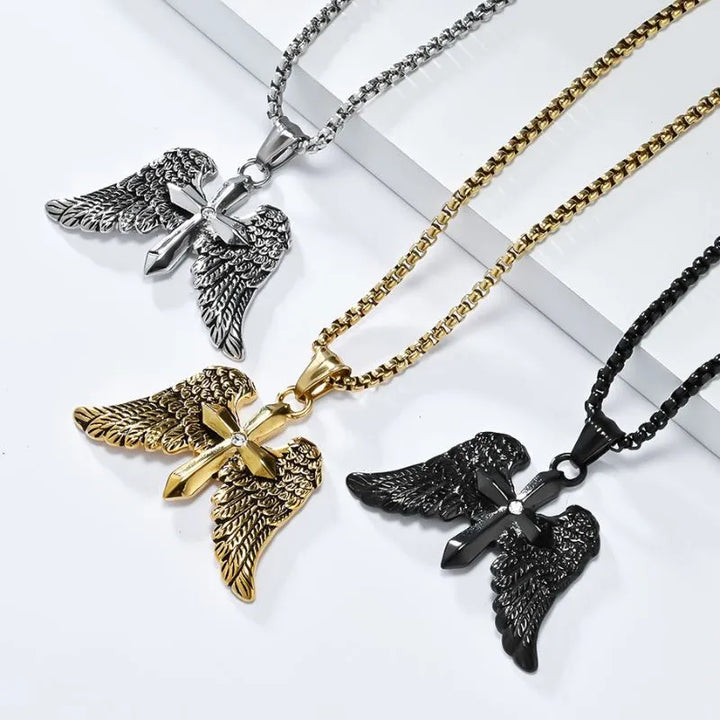  ULIKING JEWELRY PENDANTS  Vintage Archangel Winged Cross Stainless Steel Pendant 03