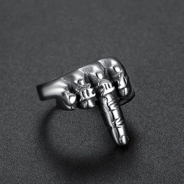 ULIKING JEWELRY RINGS  Vintage Fist Middle Finger Letter Stainless Steel Ring 01