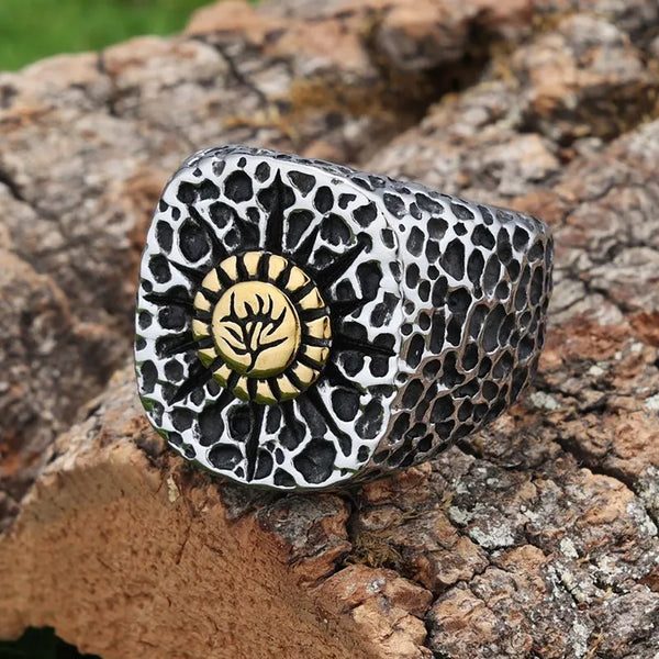 ULIKING JEWELRY RINGS Vintage Pitted floral Stainless Steel Ring 01
