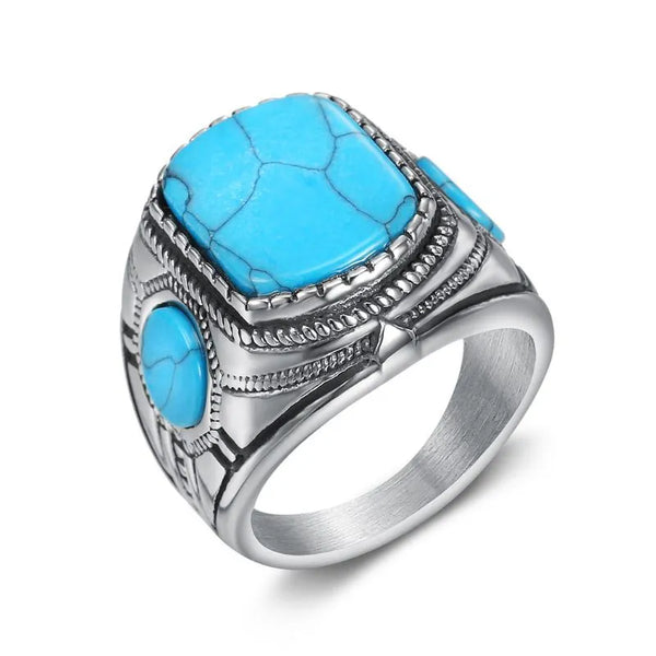ULIKING JEWELRY RINGS intage Three-Sided Blue Turquoise Stainless Steel Ring 05
