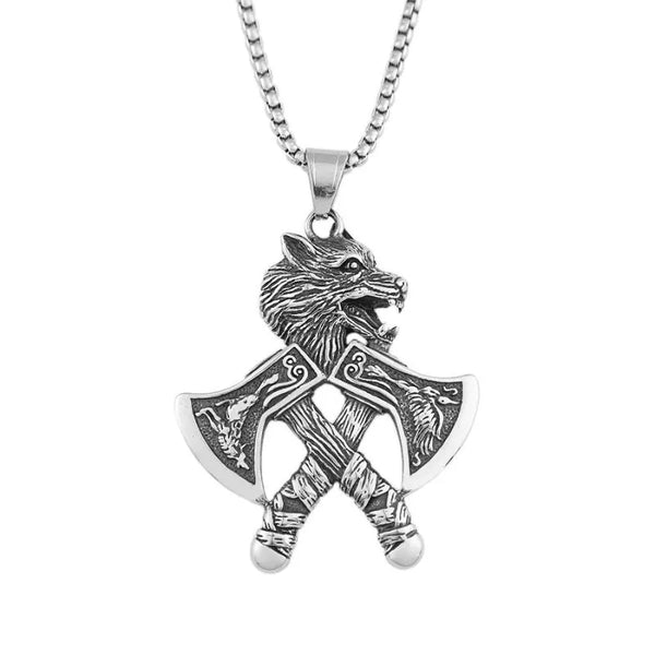 ULIKING JEWELRY PENDANTS Viking Double Hatchet Wolf Head Stainless Steel Pendant Necklace 05