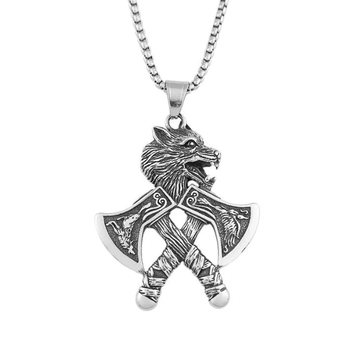 ULIKING JEWELRY PENDANTS Viking Double Hatchet Wolf Head Stainless Steel Pendant Necklace 05
