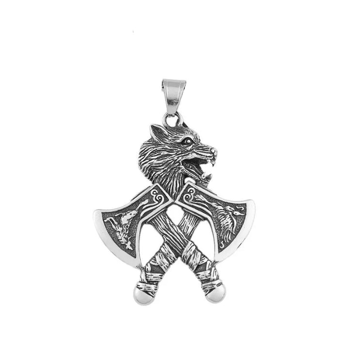 ULIKING JEWELRY PENDANTS Viking Double Hatchet Wolf Head Stainless Steel Pendant Necklace 04