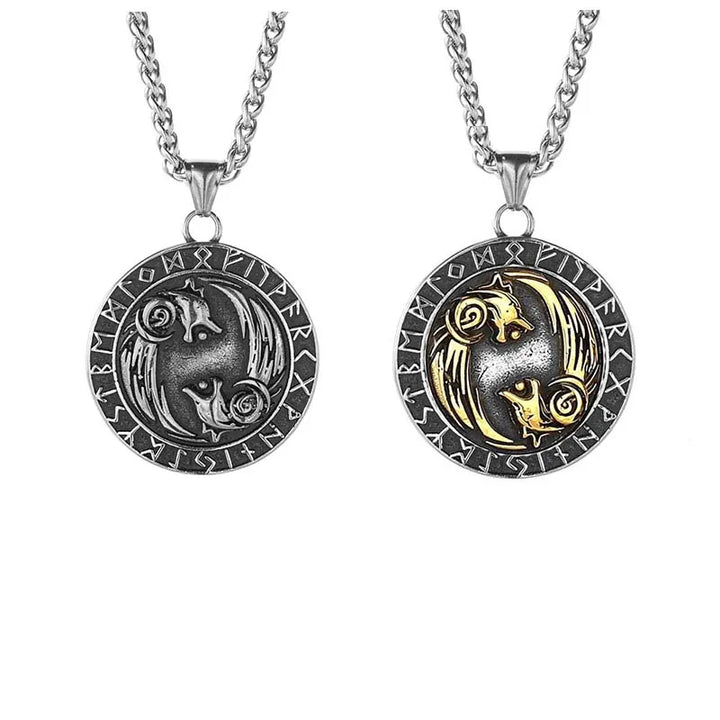 ULIKING JEWELRY PENDANTS Viking Double Wolf with Rune Stainless Steel Pendant 01