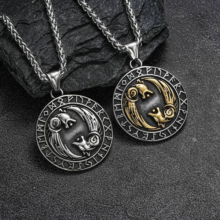 ULIKING JEWELRY PENDANTS Viking Double Wolf with Rune Stainless Steel Pendant 03