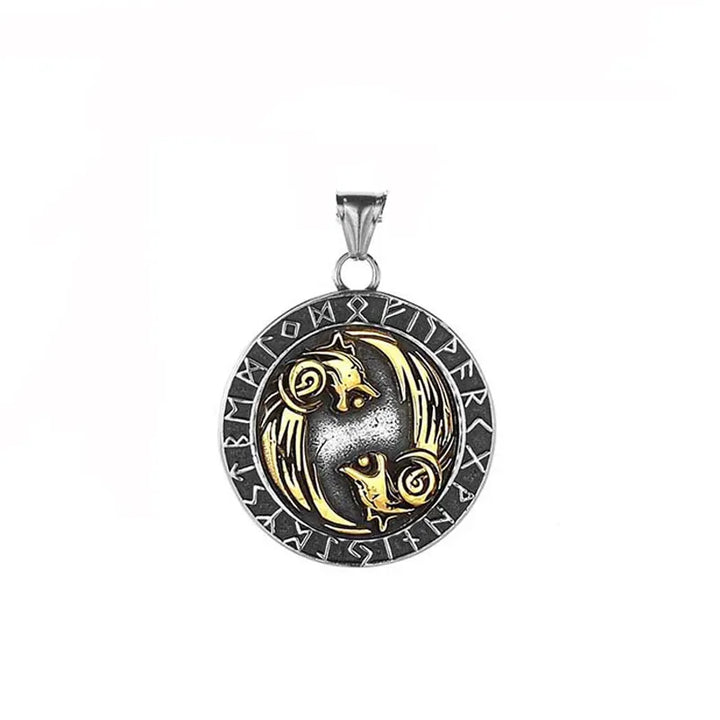ULIKING JEWELRY PENDANTS Viking Double Wolf with Rune Stainless Steel Pendant 08