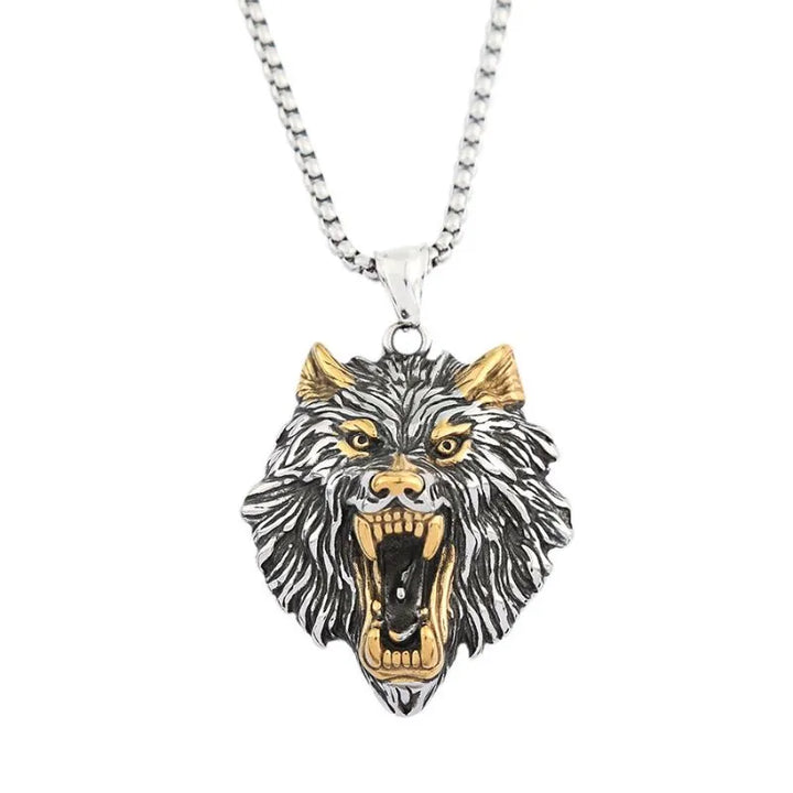 ULIKING JEWELRY PENDANTS Viking Wolf Head Stainless Steel Pendant Necklace Gold
