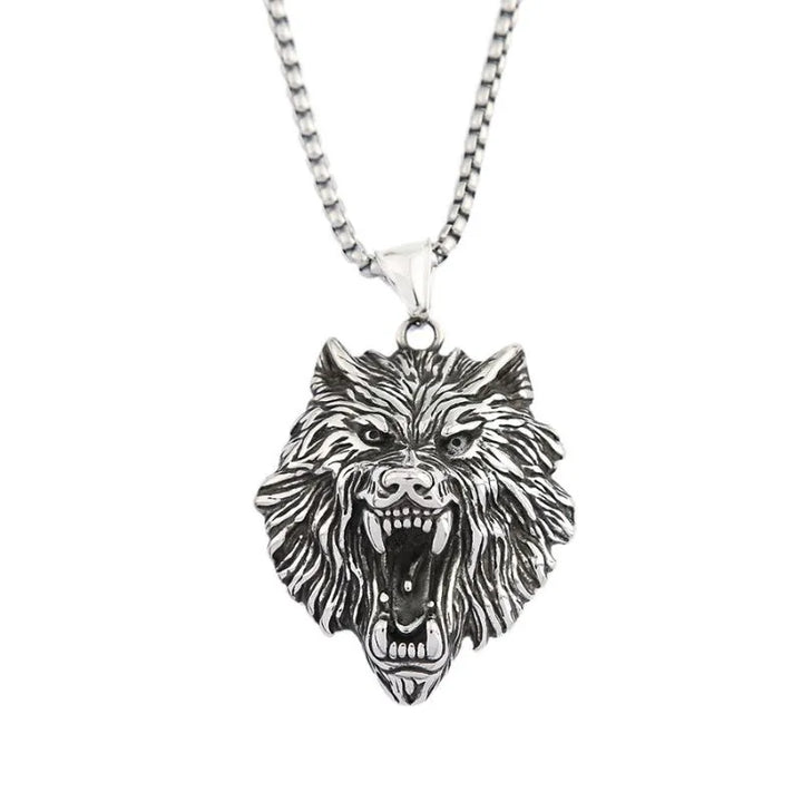 ULIKING JEWELRY PENDANTS Viking Wolf Head Stainless Steel Pendant Necklace Silver