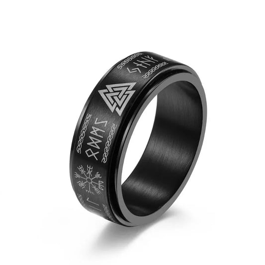ULIKING JEWELRY RINGS Vintage Viking Valknut Rune Compass Stainless Steel Spinner Ring  BLACK