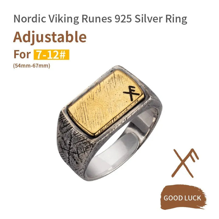 ULIKING JEWELRY Handmade 925 Sterling Silver Viking Rune with Thor Hammer Ring - Gothic Lolita GOOD LUCK