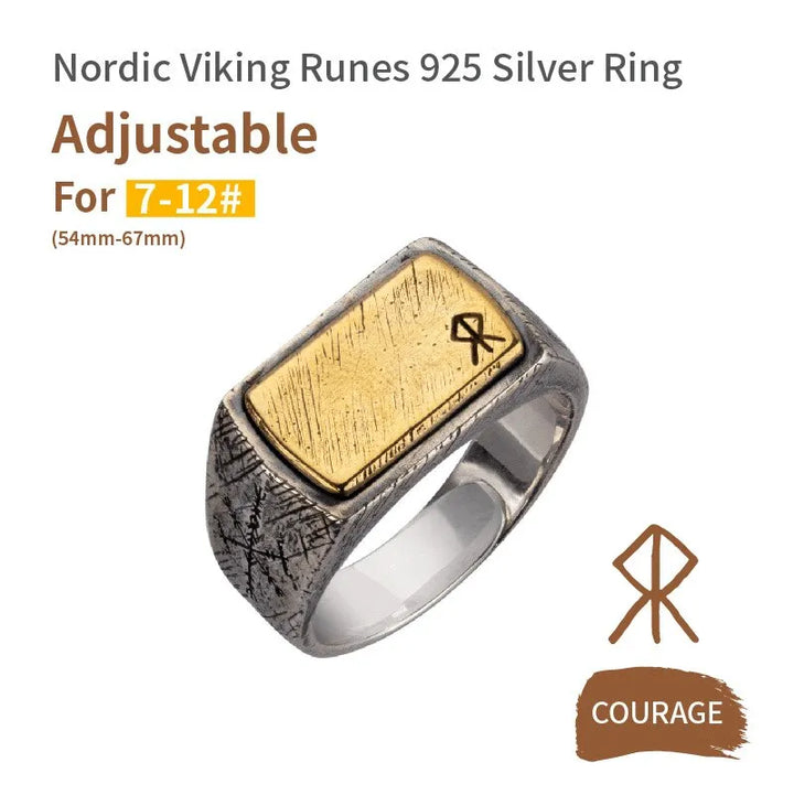 ULIKING JEWELRY Handmade 925 Sterling Silver Viking Rune with Thor Hammer Ring - Gothic Lolita COURAGE
