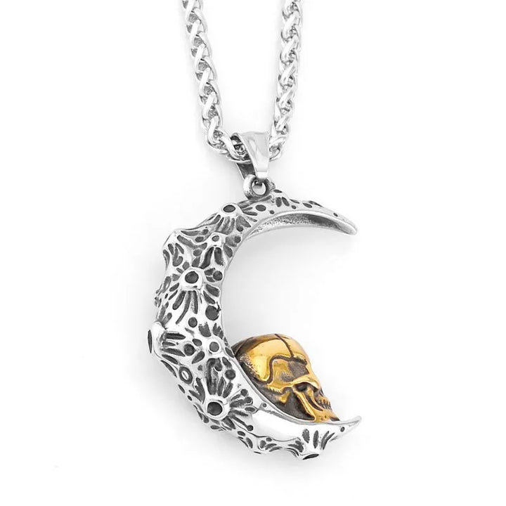 ULIKING JEWELRY PENDANTS Gothic Crescent with Gold Skull Pendant Necklace Pendant + 3mm*6cm Box Chain